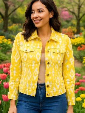 DG2 by Diane Gilman Yellow and White Jean Jacket Size S